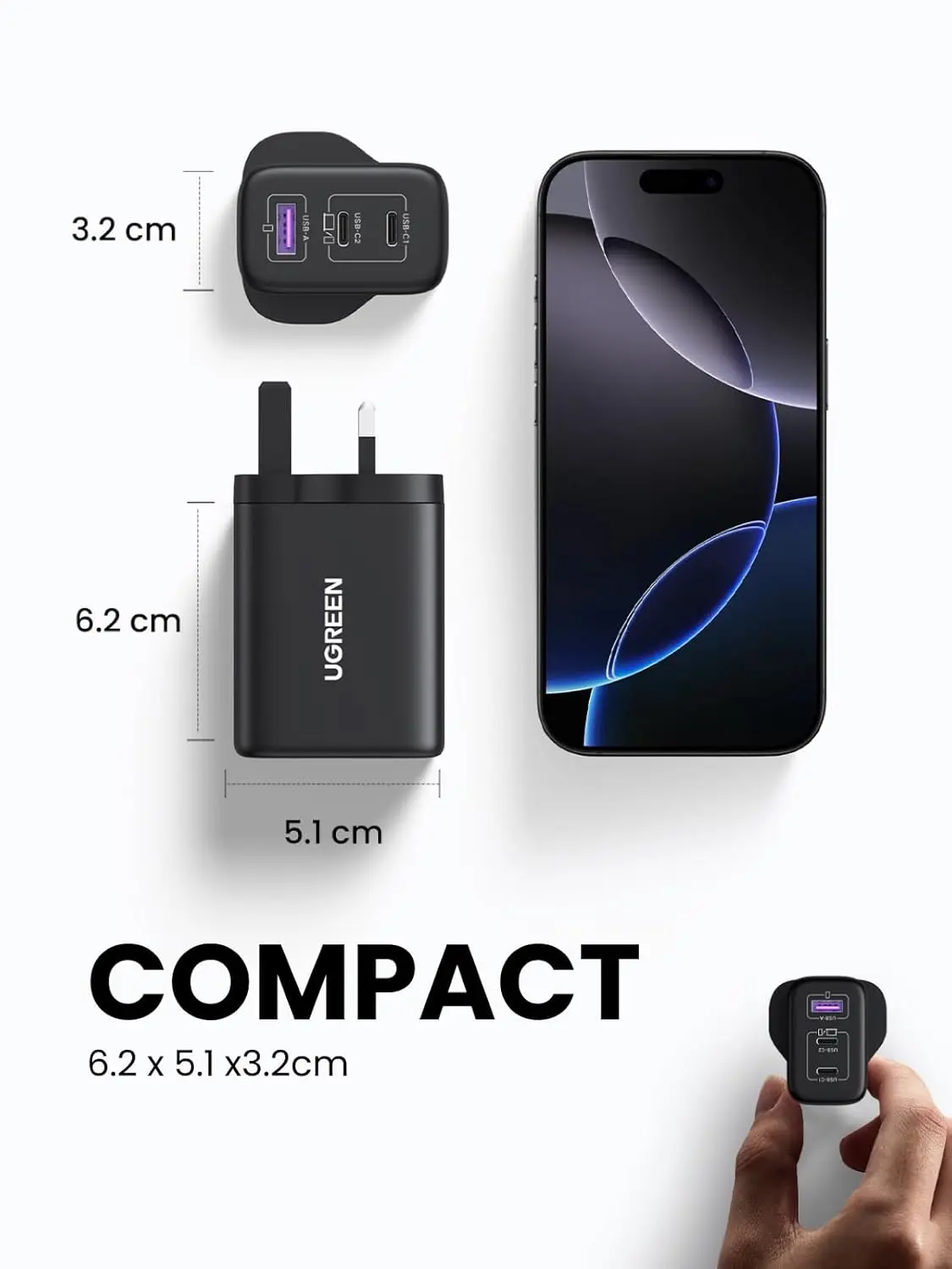 UGREEN Nexode 65W USB C charger with 3 ports, using GaN technology, quickly charging a laptop and phone simultaneously.