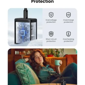 UGREEN Nexode 65W USB C charger with 3 ports, using GaN technology, quickly charging a laptop and phone simultaneously.