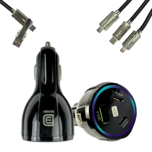 The DANEEN 90W car charger provides fast charging with 3 ports, including USB and Type-C, and comes with a 3-in-1 multi charging cable compatible with Macbook, Samsung, and iPhone devices.