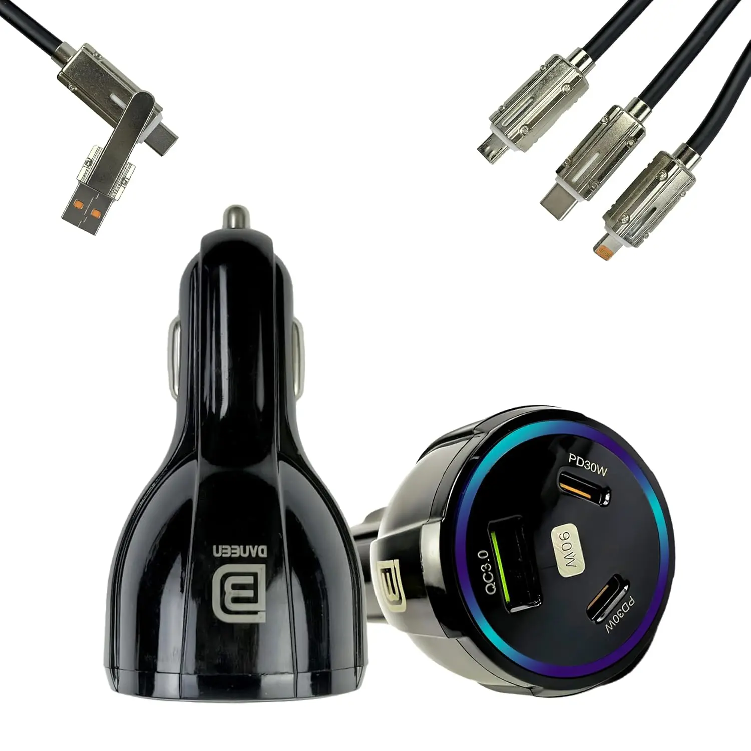 The DANEEN 90W car charger provides fast charging with 3 ports, including USB and Type-C, and comes with a 3-in-1 multi charging cable compatible with Macbook, Samsung, and iPhone devices.