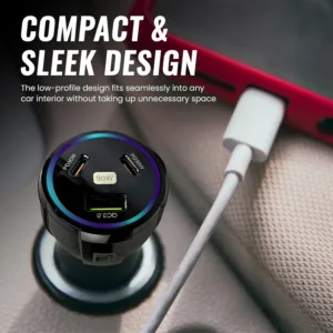 The DANEEN 90W car charger provides fast charging with 3 ports, including USB and Type-C, and comes with a 3-in-1 multi charging cable compatible with Macbook, Samsung, and iPhone devices.