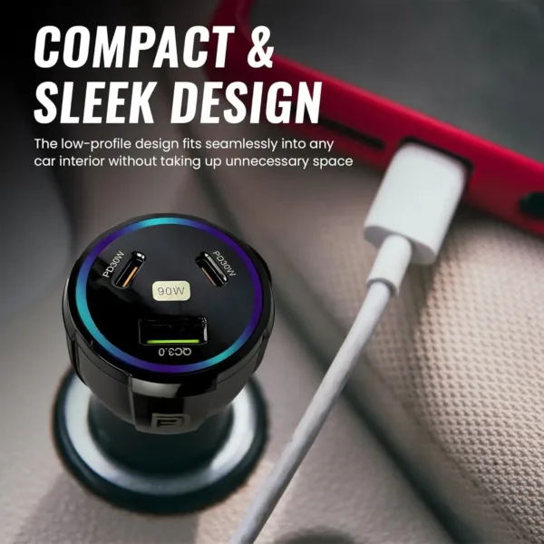 The DANEEN 90W car charger provides fast charging with 3 ports, including USB and Type-C, and comes with a 3-in-1 multi charging cable compatible with Macbook, Samsung, and iPhone devices.