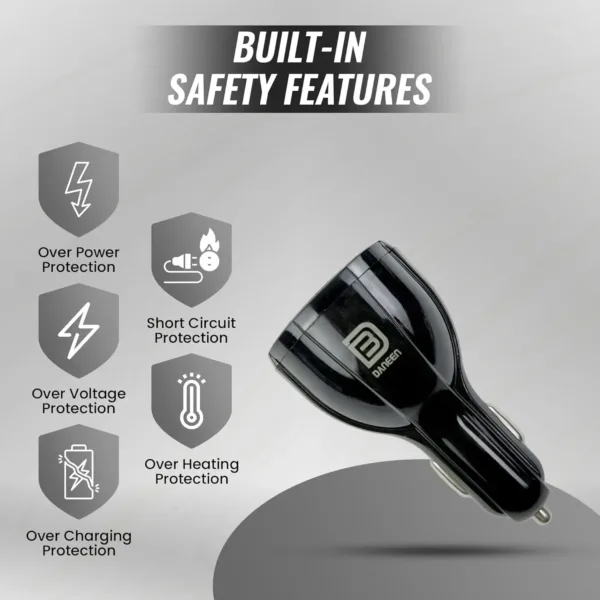The DANEEN 90W car charger provides fast charging with 3 ports, including USB and Type-C, and comes with a 3-in-1 multi charging cable compatible with Macbook, Samsung, and iPhone devices.