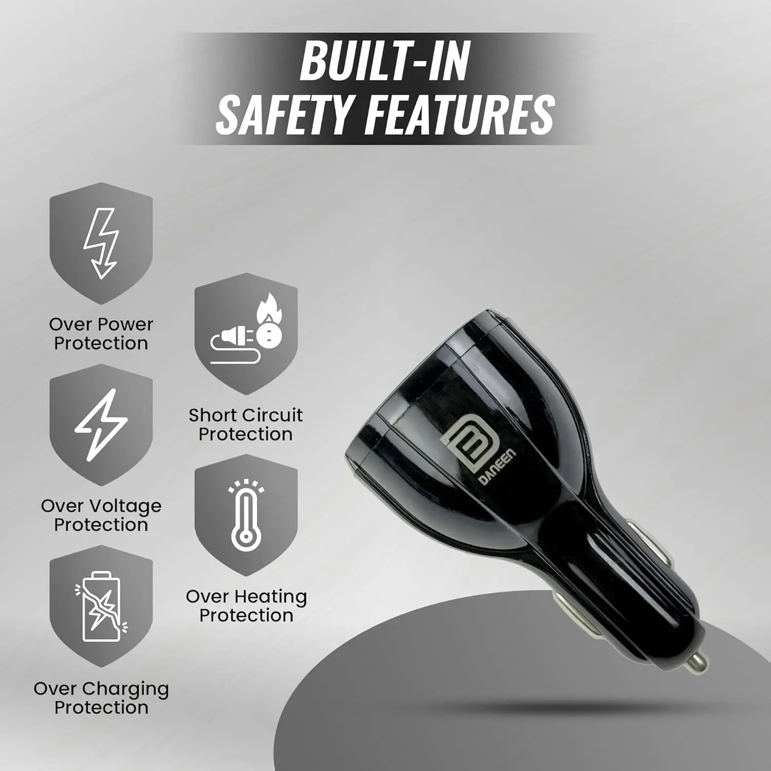 The DANEEN 90W car charger provides fast charging with 3 ports, including USB and Type-C, and comes with a 3-in-1 multi charging cable compatible with Macbook, Samsung, and iPhone devices.