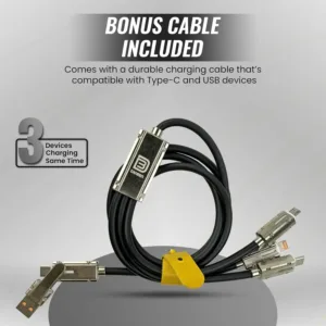 The DANEEN 90W car charger provides fast charging with 3 ports, including USB and Type-C, and comes with a 3-in-1 multi charging cable compatible with Macbook, Samsung, and iPhone devices.