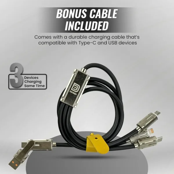 The DANEEN 90W car charger provides fast charging with 3 ports, including USB and Type-C, and comes with a 3-in-1 multi charging cable compatible with Macbook, Samsung, and iPhone devices.