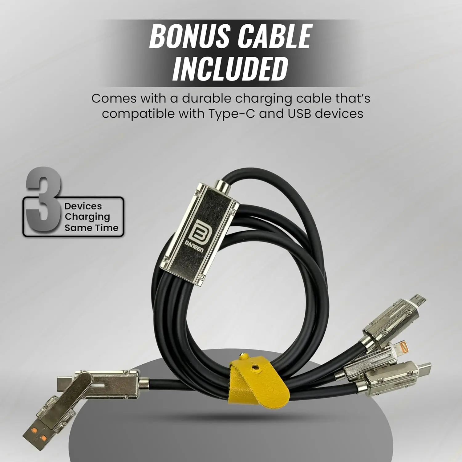 The DANEEN 90W car charger provides fast charging with 3 ports, including USB and Type-C, and comes with a 3-in-1 multi charging cable compatible with Macbook, Samsung, and iPhone devices.