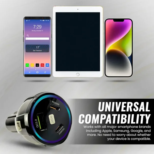 The DANEEN 90W car charger provides fast charging with 3 ports, including USB and Type-C, and comes with a 3-in-1 multi charging cable compatible with Macbook, Samsung, and iPhone devices.