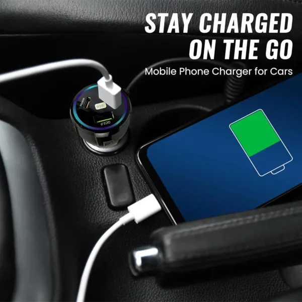 The DANEEN 90W car charger provides fast charging with 3 ports, including USB and Type-C, and comes with a 3-in-1 multi charging cable compatible with Macbook, Samsung, and iPhone devices.