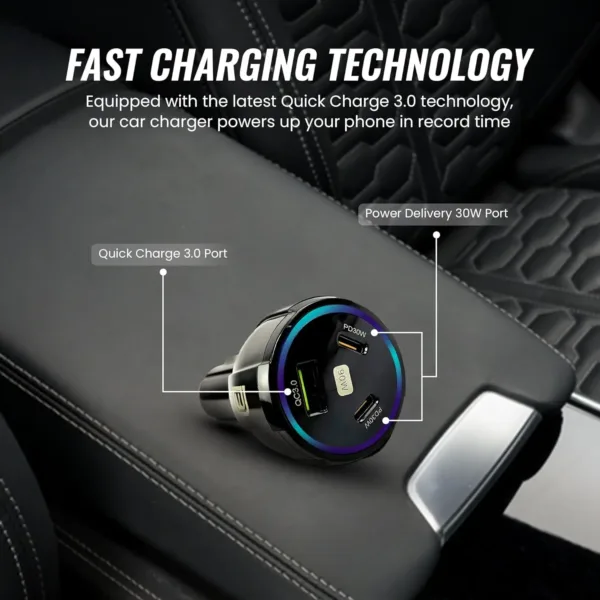 The DANEEN 90W car charger provides fast charging with 3 ports, including USB and Type-C, and comes with a 3-in-1 multi charging cable compatible with Macbook, Samsung, and iPhone devices.