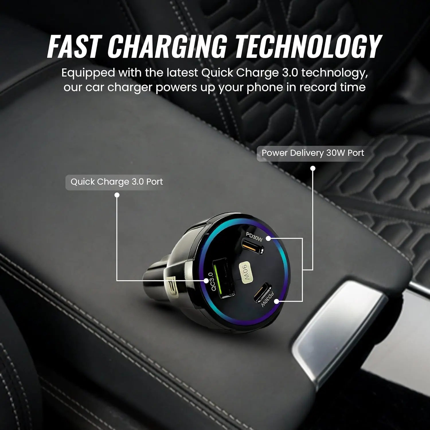 The DANEEN 90W car charger provides fast charging with 3 ports, including USB and Type-C, and comes with a 3-in-1 multi charging cable compatible with Macbook, Samsung, and iPhone devices.