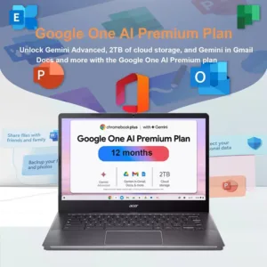 Acer Chromebook Plus 514 laptop featuring an Intel i3 processor, 8GB RAM, a 512GB SSD, a 14-inch FHD touchscreen, Wi-Fi 6E, and running Chrome OS.