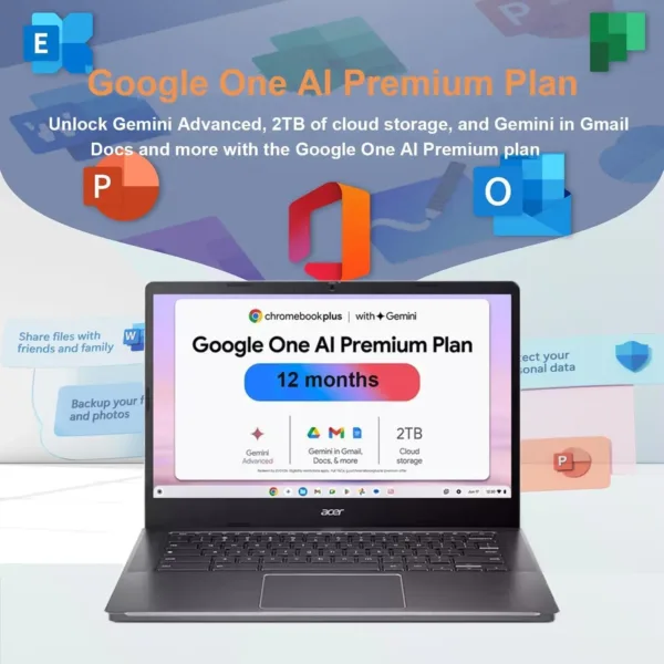 Acer Chromebook Plus 514 laptop featuring an Intel i3 processor, 8GB RAM, a 512GB SSD, a 14-inch FHD touchscreen, Wi-Fi 6E, and running Chrome OS.