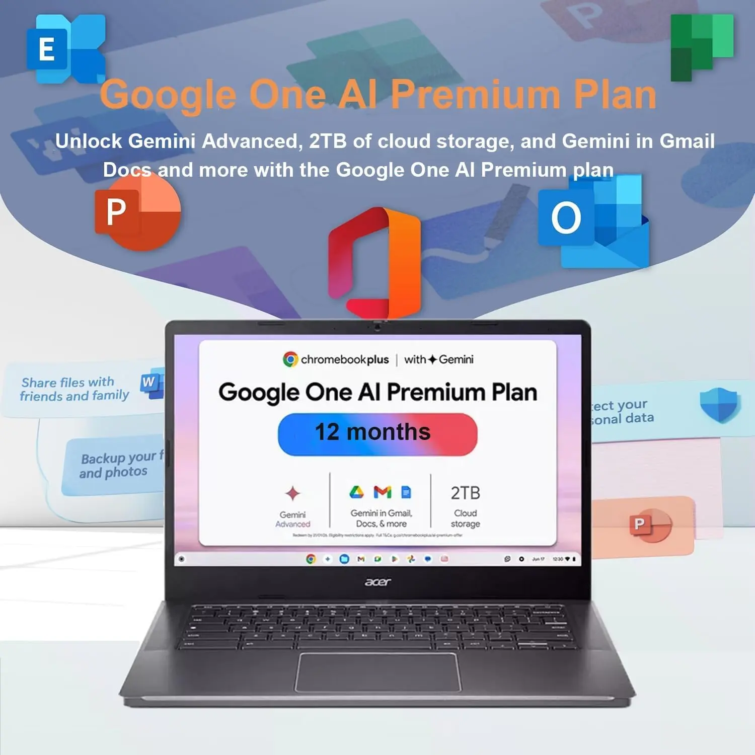 Acer Chromebook Plus 514 laptop featuring an Intel i3 processor, 8GB RAM, a 512GB SSD, a 14-inch FHD touchscreen, Wi-Fi 6E, and running Chrome OS.