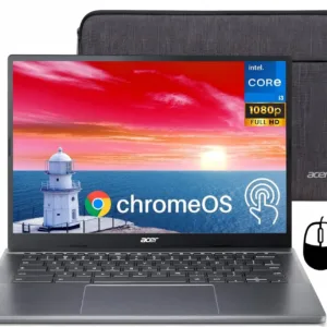 The Acer Chromebook Plus 514 touchscreen laptop features an Intel i3-N305 processor, 8GB of RAM, a 512GB SSD, and a vibrant 14-inch FHD display, offering powerful performance and ample storage for seamless multitasking.