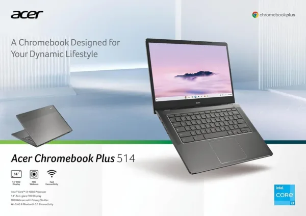The Acer Chromebook Plus 514 touchscreen laptop features an Intel i3-N305 processor, 8GB of RAM, a 512GB SSD, and a vibrant 14-inch FHD display, offering powerful performance and ample storage for seamless multitasking.