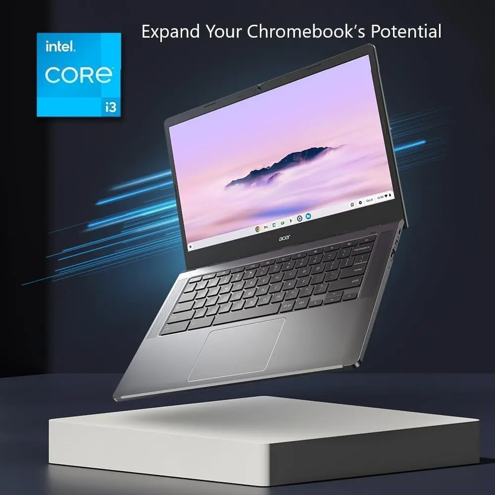 The Acer Chromebook Plus 514 touchscreen laptop features an Intel i3-N305 processor, 8GB of RAM, a 512GB SSD, and a vibrant 14-inch FHD display, offering powerful performance and ample storage for seamless multitasking.