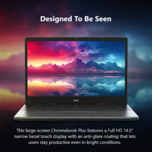 The Acer Chromebook Plus 514 touchscreen laptop features an Intel i3-N305 processor, 8GB of RAM, a 512GB SSD, and a vibrant 14-inch FHD display, offering powerful performance and ample storage for seamless multitasking.
