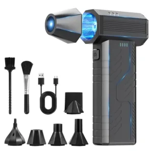 This cordless electric air duster features a powerful 130000 RPM brushless motor and multiple nozzles for cleaning keyboards, computers, electronics, and car interiors, offering a cost-effective and eco-friendly alternative to compressed air cans.