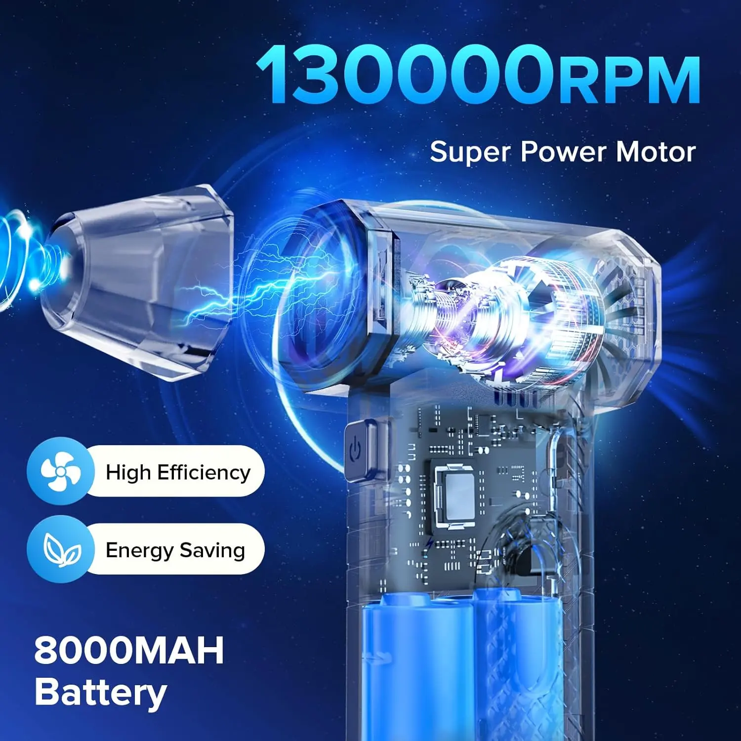 This cordless electric air duster features a powerful 130000 RPM brushless motor and multiple nozzles for cleaning keyboards, computers, electronics, and car interiors, offering a cost-effective and eco-friendly alternative to compressed air cans.