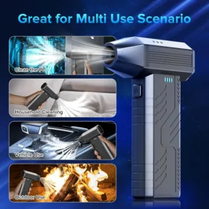 This cordless electric air duster features a powerful 130000 RPM brushless motor and multiple nozzles for cleaning keyboards, computers, electronics, and car interiors, offering a cost-effective and eco-friendly alternative to compressed air cans.