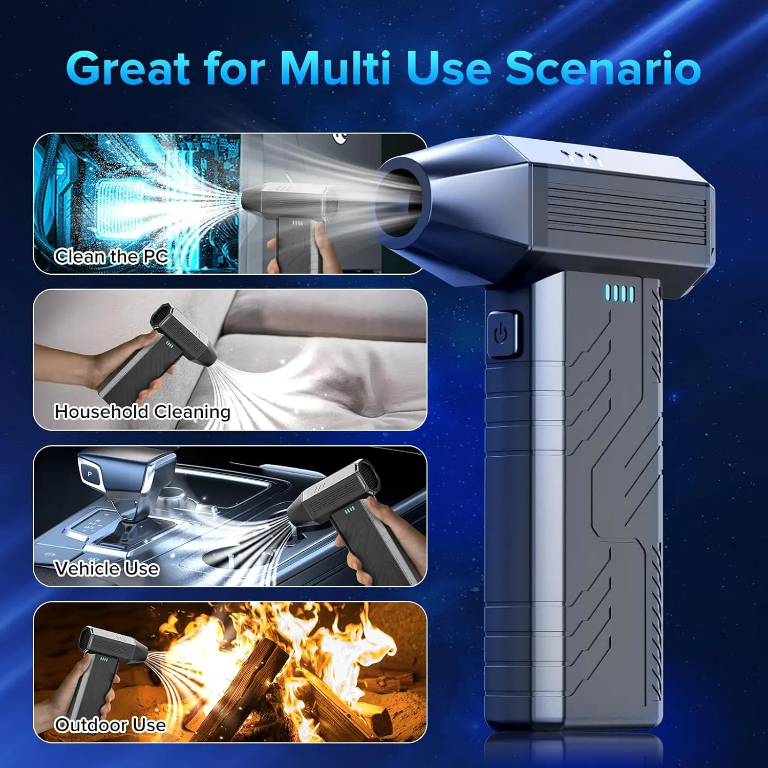 This cordless electric air duster features a powerful 130000 RPM brushless motor and multiple nozzles for cleaning keyboards, computers, electronics, and car interiors, offering a cost-effective and eco-friendly alternative to compressed air cans.