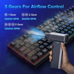 This cordless electric air duster features a powerful 130000 RPM brushless motor and multiple nozzles for cleaning keyboards, computers, electronics, and car interiors, offering a cost-effective and eco-friendly alternative to compressed air cans.