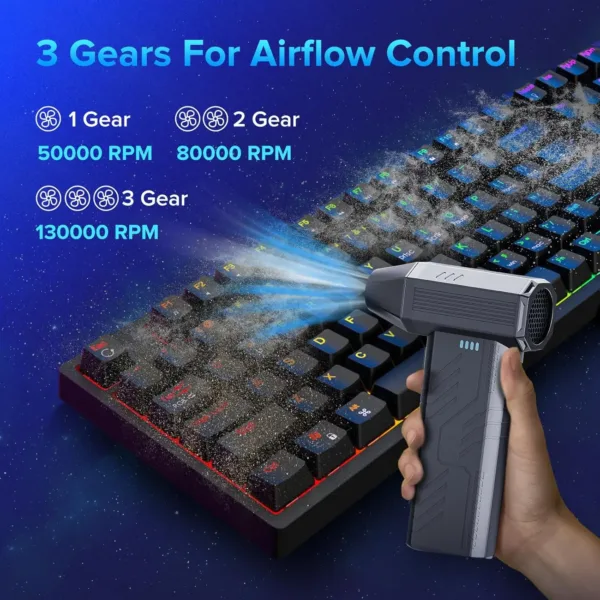 This cordless electric air duster features a powerful 130000 RPM brushless motor and multiple nozzles for cleaning keyboards, computers, electronics, and car interiors, offering a cost-effective and eco-friendly alternative to compressed air cans.