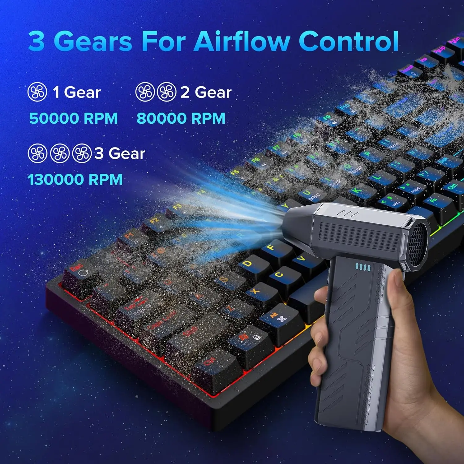 This cordless electric air duster features a powerful 130000 RPM brushless motor and multiple nozzles for cleaning keyboards, computers, electronics, and car interiors, offering a cost-effective and eco-friendly alternative to compressed air cans.