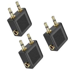 This 3-pack of gold-plated airplane headphone adapters converts a standard 3.5mm male plug to a 3.5mm female stereo jack, providing high-fidelity sound during flights and compatibility with various headphones.