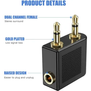This 3-pack of gold-plated airplane headphone adapters converts a standard 3.5mm male plug to a 3.5mm female stereo jack, providing high-fidelity sound during flights and compatibility with various headphones.