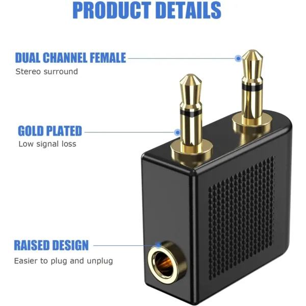 This 3-pack of gold-plated airplane headphone adapters converts a standard 3.5mm male plug to a 3.5mm female stereo jack, providing high-fidelity sound during flights and compatibility with various headphones.
