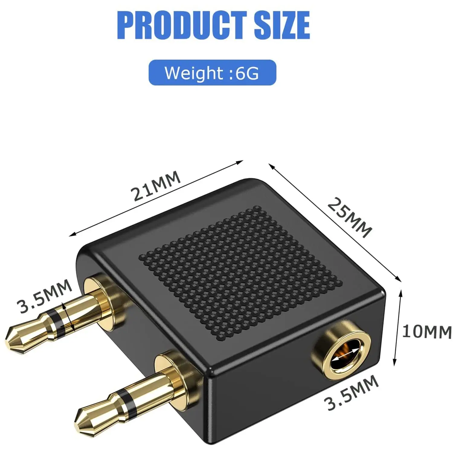 This 3-pack of gold-plated airplane headphone adapters converts a standard 3.5mm male plug to a 3.5mm female stereo jack, providing high-fidelity sound during flights and compatibility with various headphones.