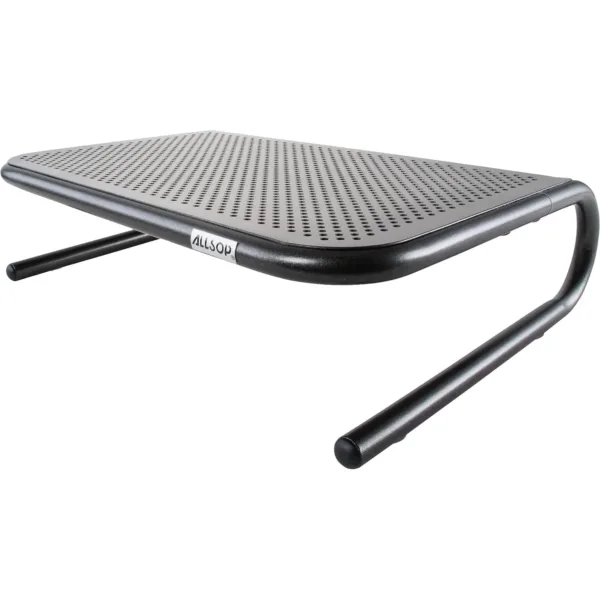 Black Allsop Metal Art monitor stand riser raises your monitor for better ergonomics and adds storage space under the stand.
