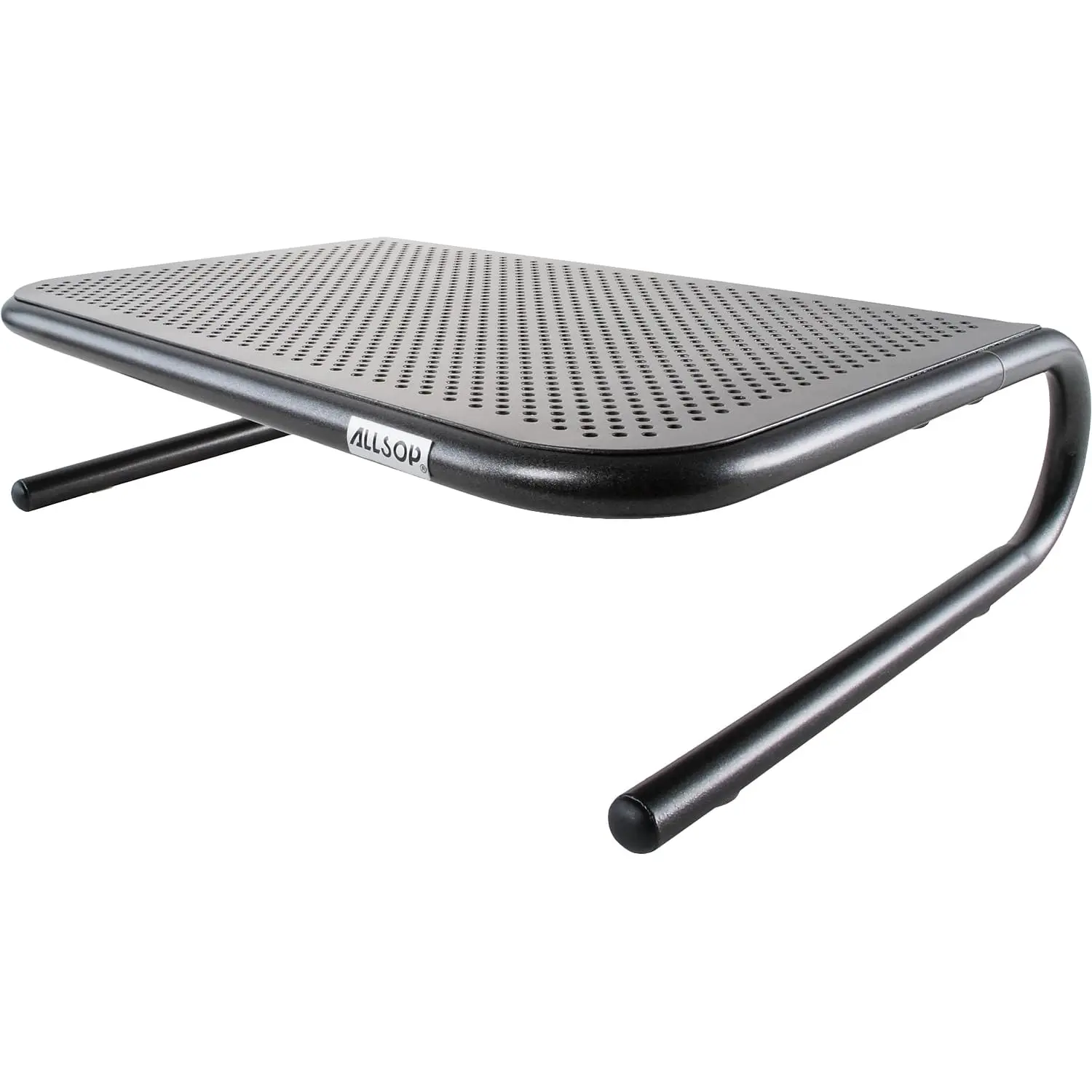 Black Allsop Metal Art monitor stand riser raises your monitor for better ergonomics and adds storage space under the stand.