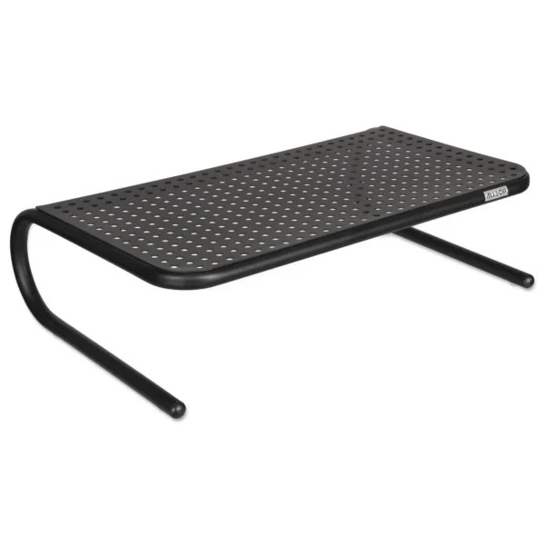 Black Allsop Metal Art monitor stand riser raises your monitor for better ergonomics and adds storage space under the stand.