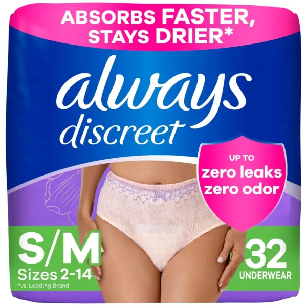 This image shows a package of Always Discreet Incontinence Underwear for women with maximum absorbency, designed for comfortable and discreet protection against bladder leaks and postpartum needs, featuring a RapidDry core, FormFit elastics, and Double LeakGuards.