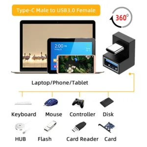 This is a 180 degree up right angled micro USB OTG to USB 2.0 female extension adapter, designed for connecting USB devices to cell phones and tablets in tight spaces.