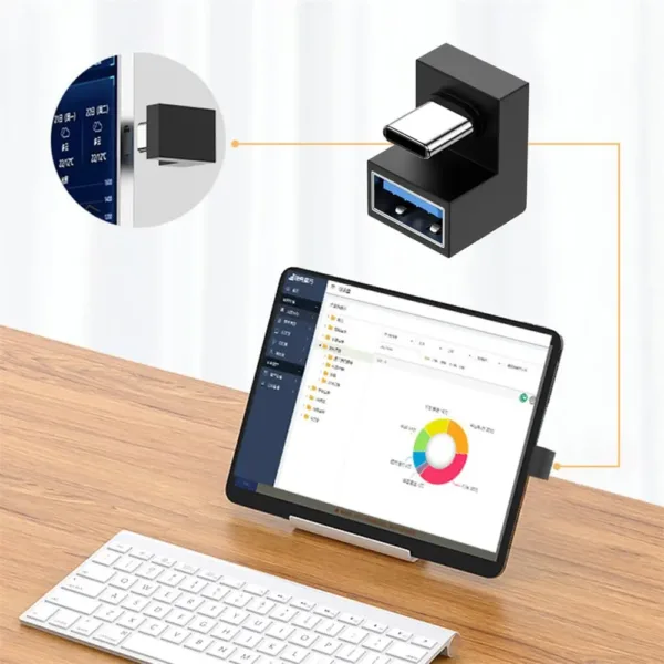 This is a 180 degree up right angled micro USB OTG to USB 2.0 female extension adapter, designed for connecting USB devices to cell phones and tablets in tight spaces.