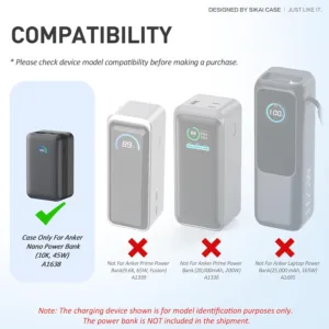 Black silicone case designed for the Anker Nano Power Bank 10000mAh 45W A1638, featuring precise cutouts for easy access to ports and display, protecting the power bank from scratches and wear.