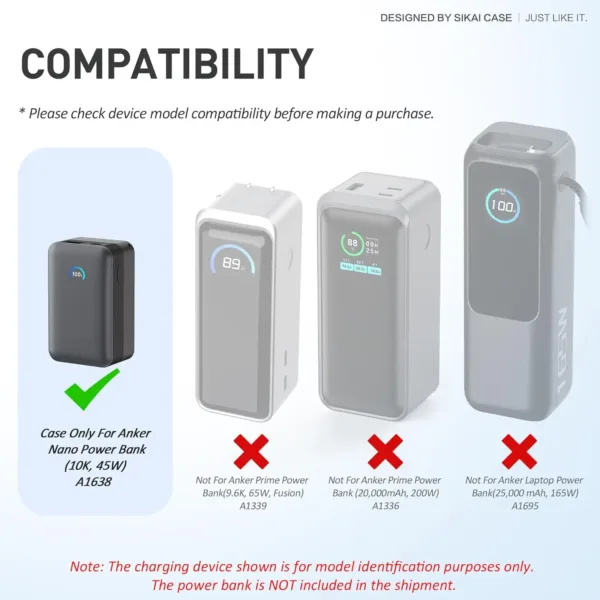 Black silicone case designed for the Anker Nano Power Bank 10000mAh 45W A1638, featuring precise cutouts for easy access to ports and display, protecting the power bank from scratches and wear.