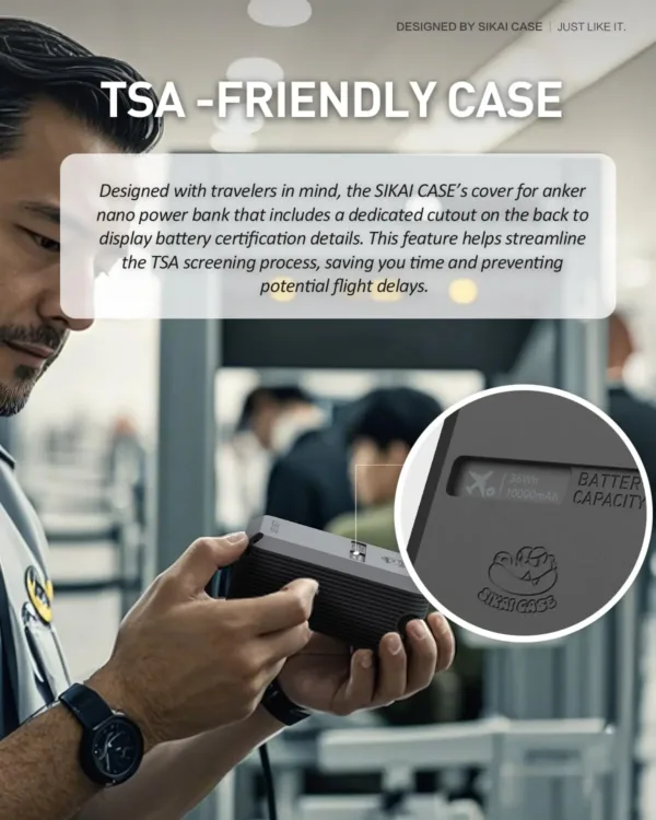 Black silicone case designed for the Anker Nano Power Bank 10000mAh 45W A1638, featuring precise cutouts for easy access to ports and display, protecting the power bank from scratches and wear.