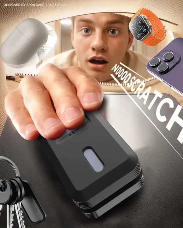 Black silicone case designed for the Anker Nano Power Bank 10000mAh 45W A1638, featuring precise cutouts for easy access to ports and display, protecting the power bank from scratches and wear.