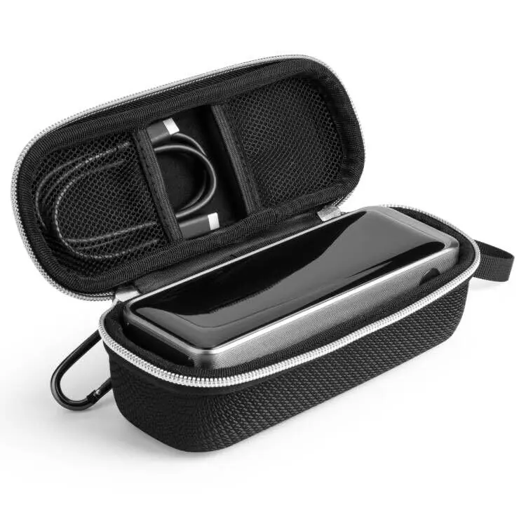 Black hard EVA case designed to protect the Anker Prime 250W 27650mAh power bank, featuring dual mesh pockets, a hand strap, and a carabiner clip for convenient and secure travel.