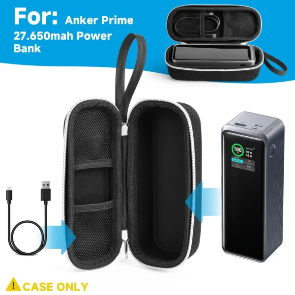 Black hard EVA case designed to protect the Anker Prime 250W 27650mAh power bank, featuring dual mesh pockets, a hand strap, and a carabiner clip for convenient and secure travel.