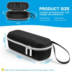 Black hard EVA case designed to protect the Anker Prime 250W 27650mAh power bank, featuring dual mesh pockets, a hand strap, and a carabiner clip for convenient and secure travel.