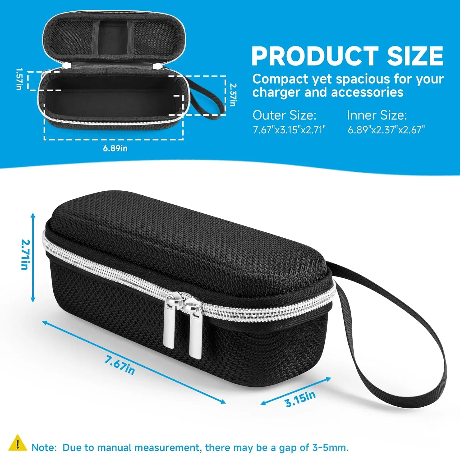 Black hard EVA case designed to protect the Anker Prime 250W 27650mAh power bank, featuring dual mesh pockets, a hand strap, and a carabiner clip for convenient and secure travel.