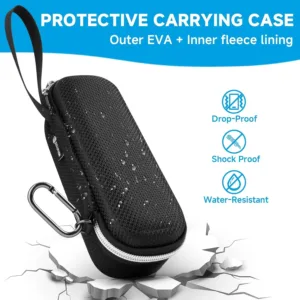 Black hard EVA case designed to protect the Anker Prime 250W 27650mAh power bank, featuring dual mesh pockets, a hand strap, and a carabiner clip for convenient and secure travel.