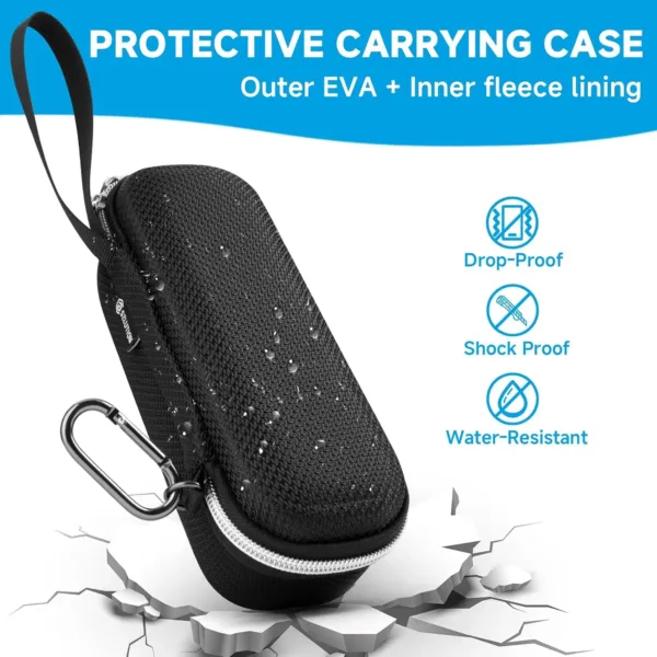 Black hard EVA case designed to protect the Anker Prime 250W 27650mAh power bank, featuring dual mesh pockets, a hand strap, and a carabiner clip for convenient and secure travel.