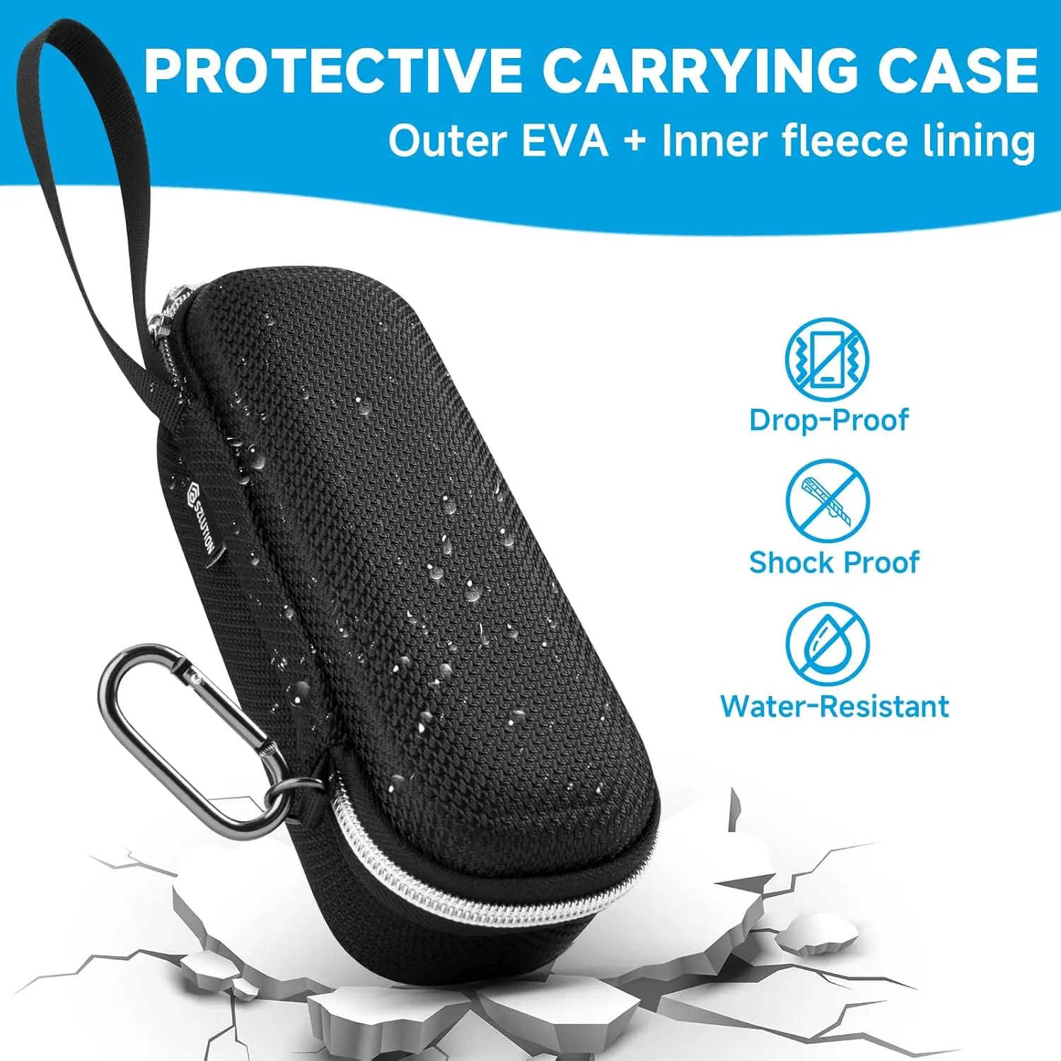 Black hard EVA case designed to protect the Anker Prime 250W 27650mAh power bank, featuring dual mesh pockets, a hand strap, and a carabiner clip for convenient and secure travel.